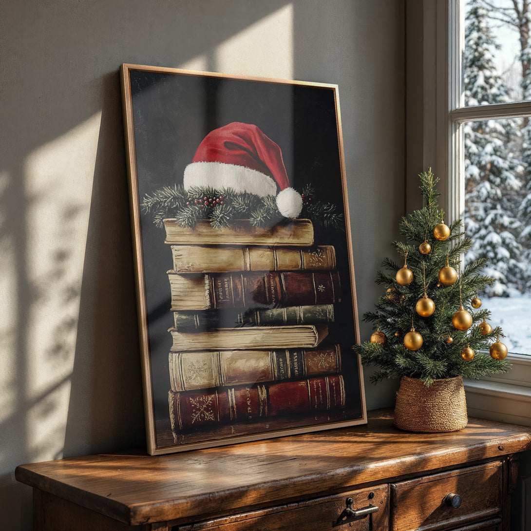 Framed Wall Art: Vintage Christmas scene with Santa hat on books. Warm, rustic tones. Perfect holiday decor. Shop our Canvas Print collection today!