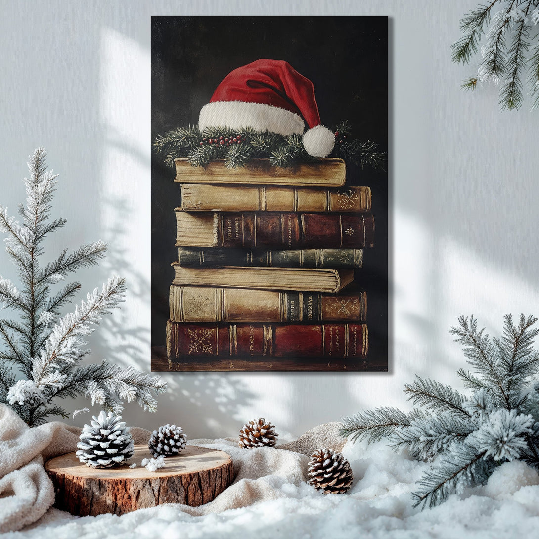 Framed Wall Art: Christmas-themed painting of Santa hat on books. Warm, inviting color palette with gold frame, perfect holiday decor.