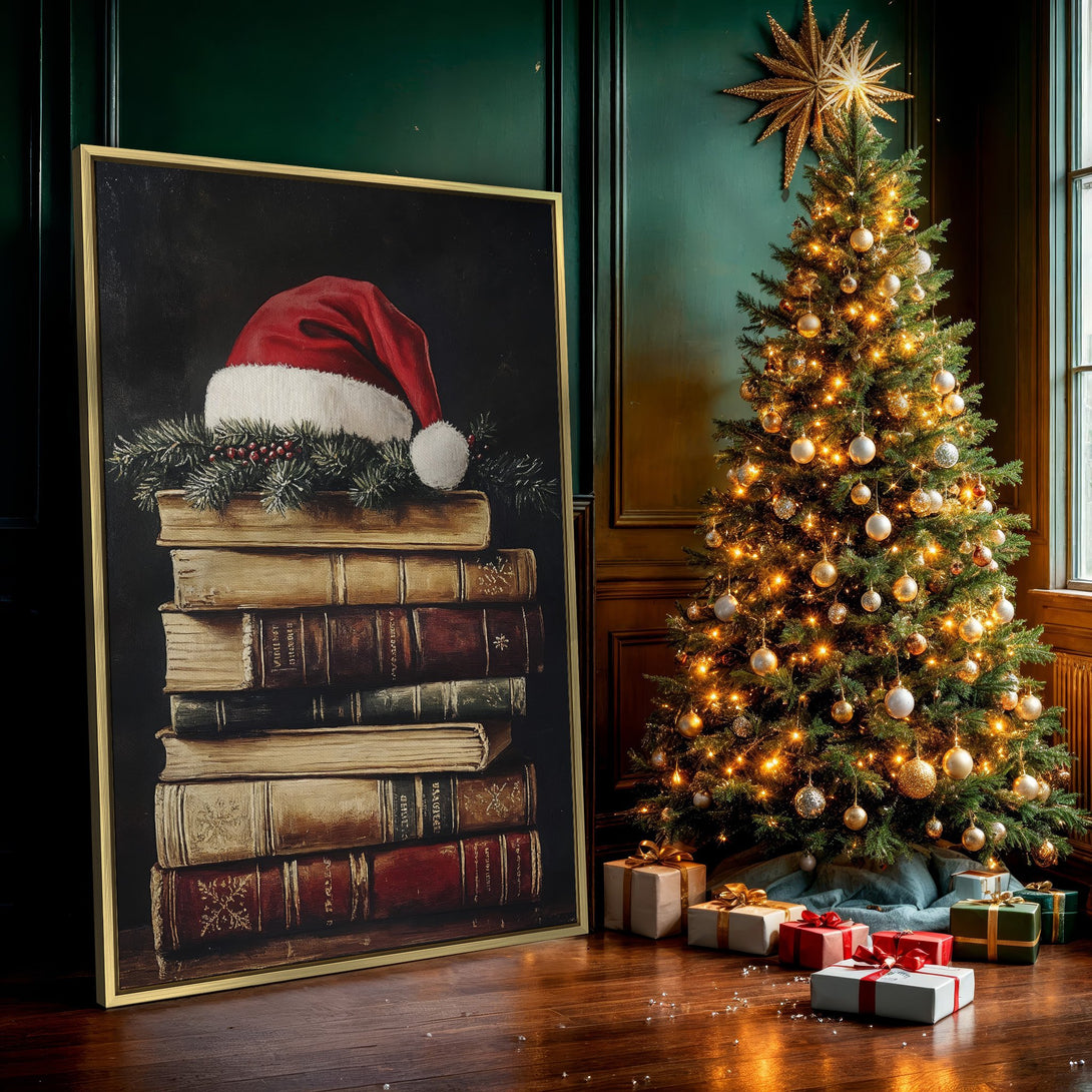 Canvas Print: Vintage Christmas artwork featuring a Santa hat on books, warm tones. Perfect holiday decor for a cozy, classic aesthetic.