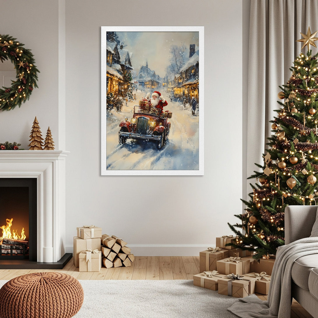Framed Poster featuring Santa in a vintage car, watercolor style, winter scene with a warm, festive color palette. Perfect Christmas decor!