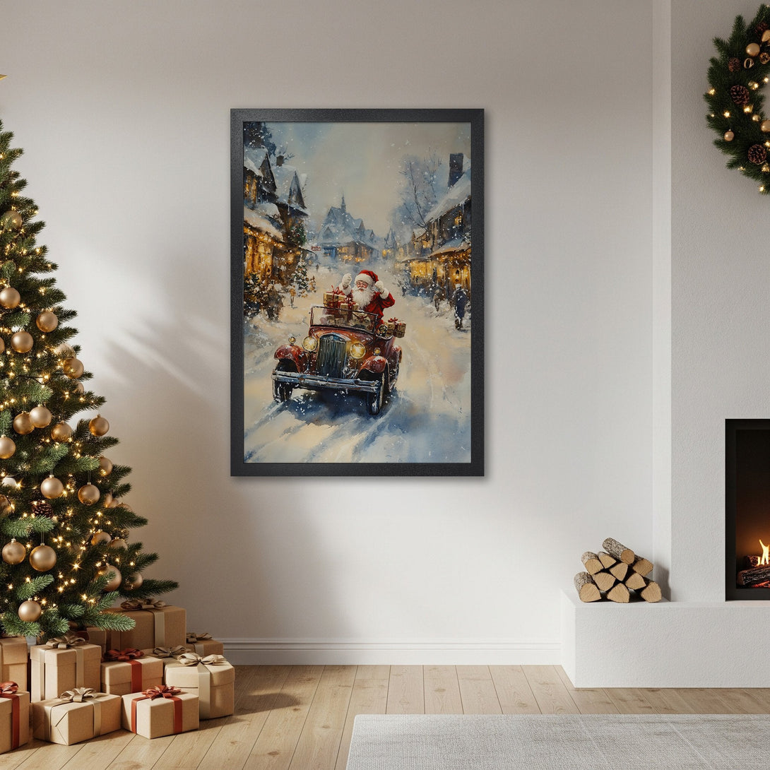 Framed Poster of Santa in a car, watercolor style, winter scene with blue, red, and gold tones. Perfect Christmas decor!