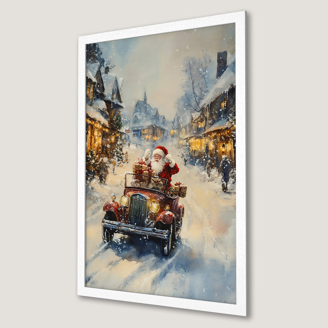 Framed Poster: Santa in vintage car, watercolor style, winter scene with blue, red, and gold hues. Perfect Christmas decor!