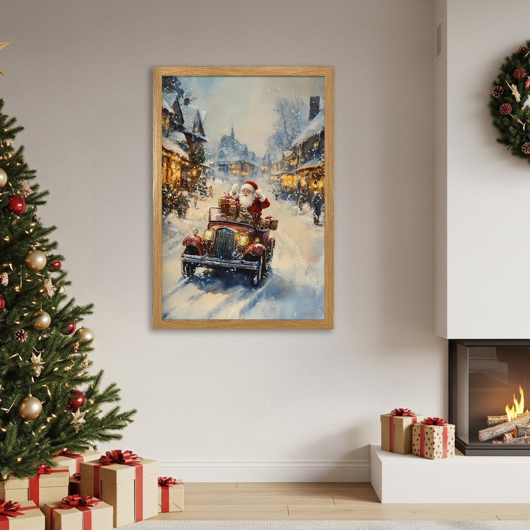 Framed Poster featuring Santa in a vintage car, snowy town scene, watercolor style, warm color palette. Perfect Christmas decor!