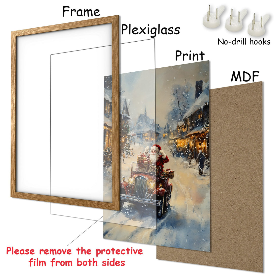 Framed Poster featuring Santa in a vintage car, winter scene. Warm colors with a watercolor style, perfect for holiday decor.