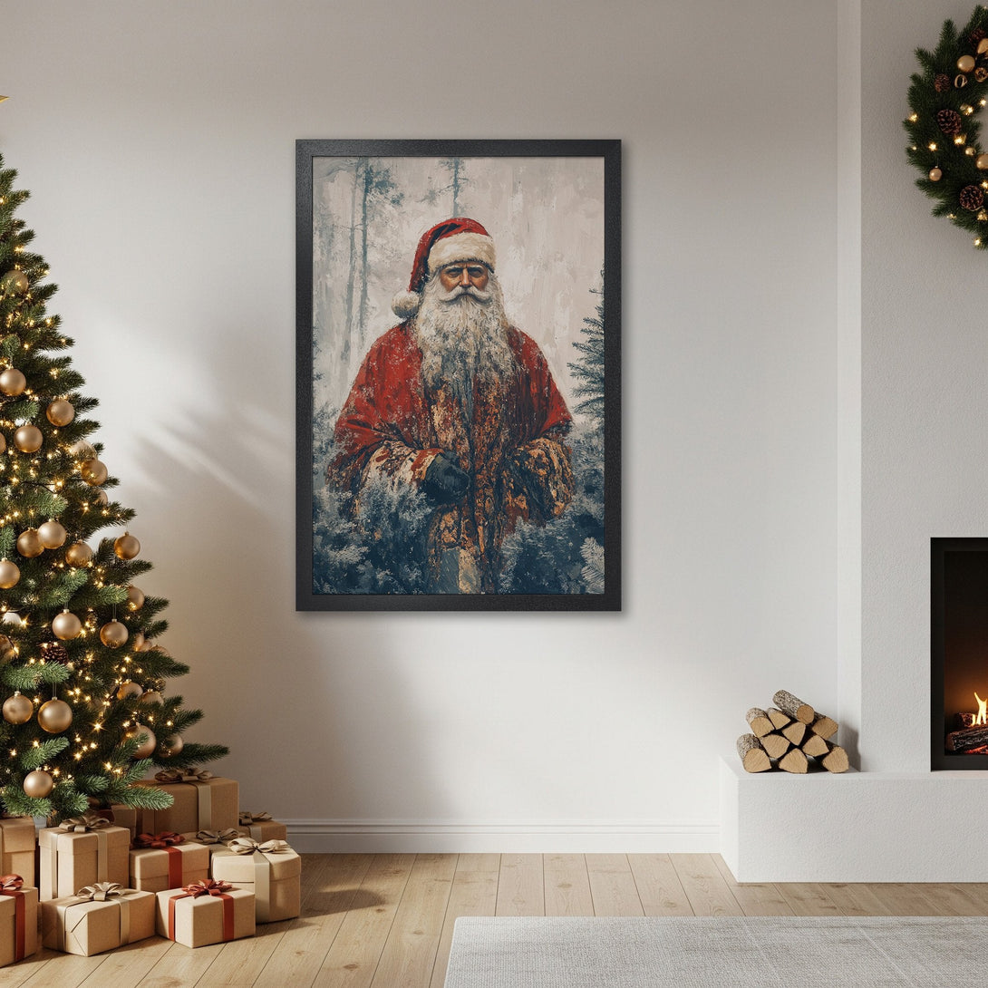 Framed Poster featuring Santa Claus in a vintage style with a red and neutral color palette, perfect for holiday decor.