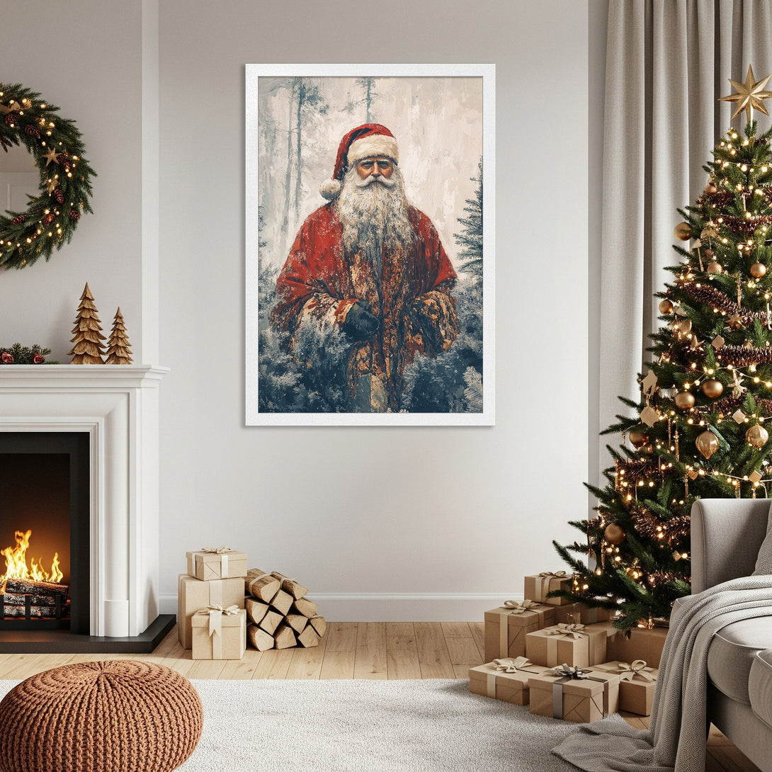 Framed Poster featuring Santa Claus in a winter landscape. Artistic style, red and neutral color palette, perfect for holiday decor.