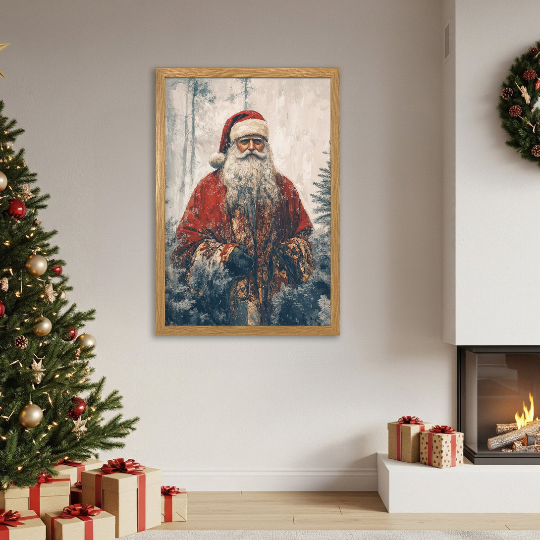 Framed Poster featuring Santa Claus in a vintage style, with a red and neutral color palette, perfect for Christmas decor.