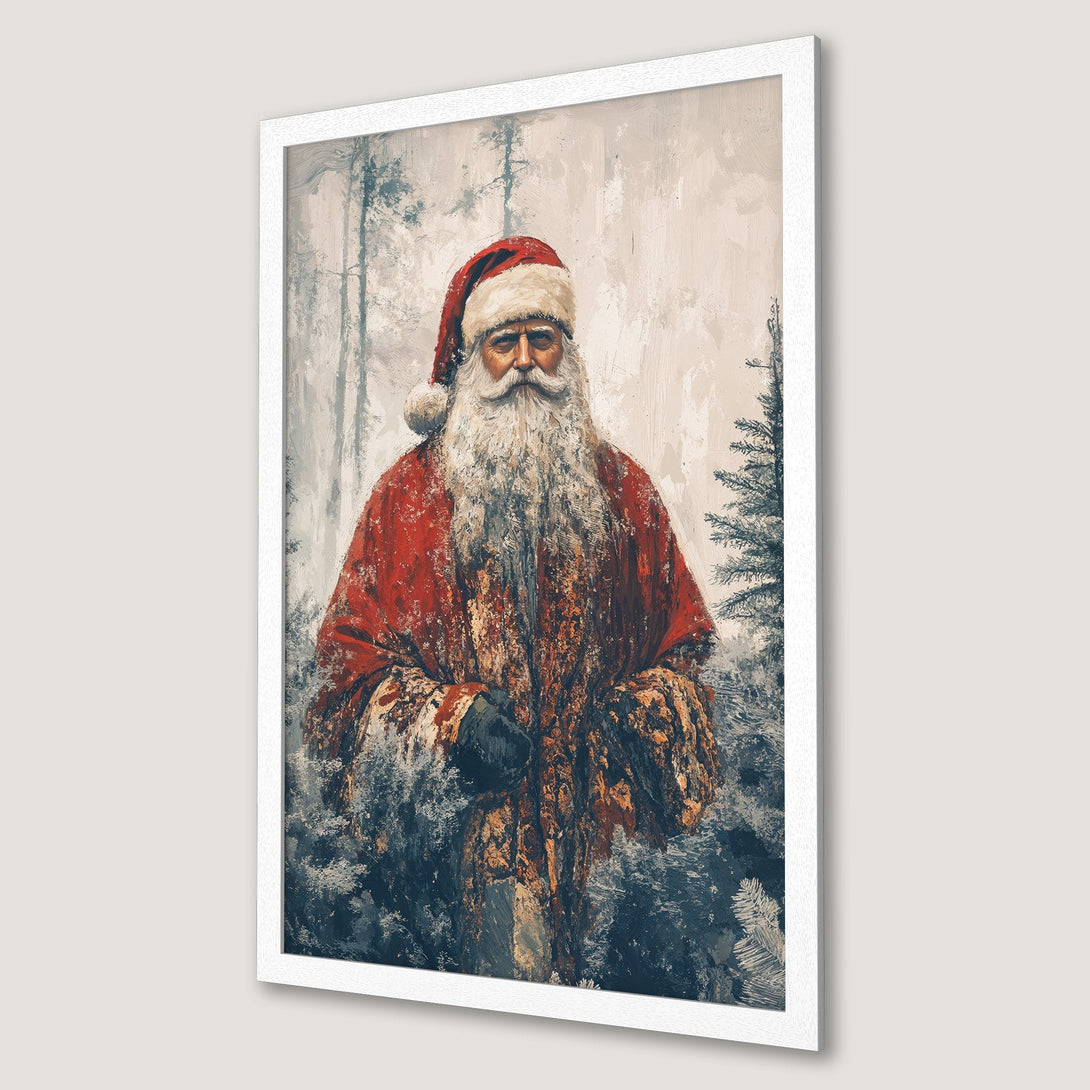Framed Poster featuring Santa Claus in a painterly style with a red and neutral color palette, perfect Christmas decor.