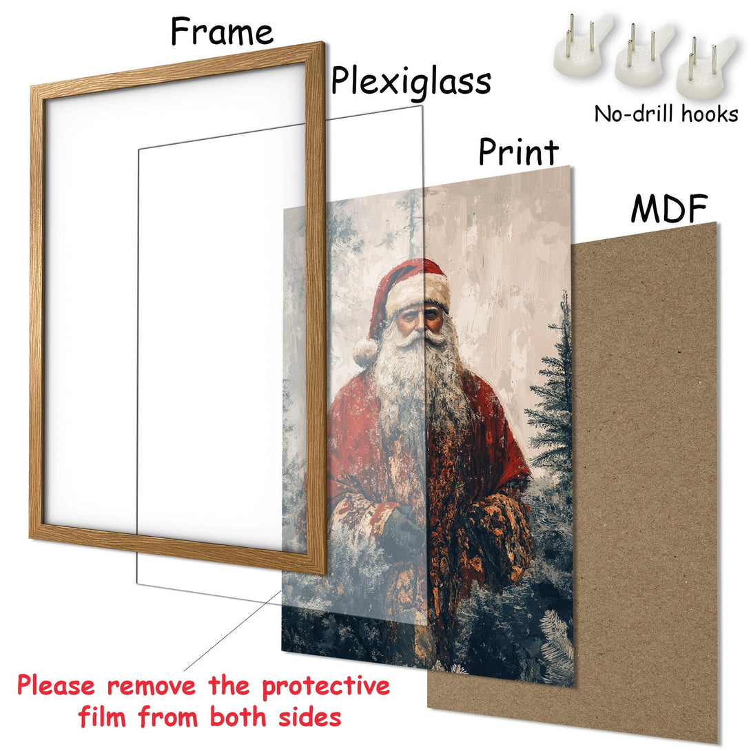 Framed Poster featuring Santa Claus in a vintage style, with a red and neutral color palette. Perfect Christmas decor!