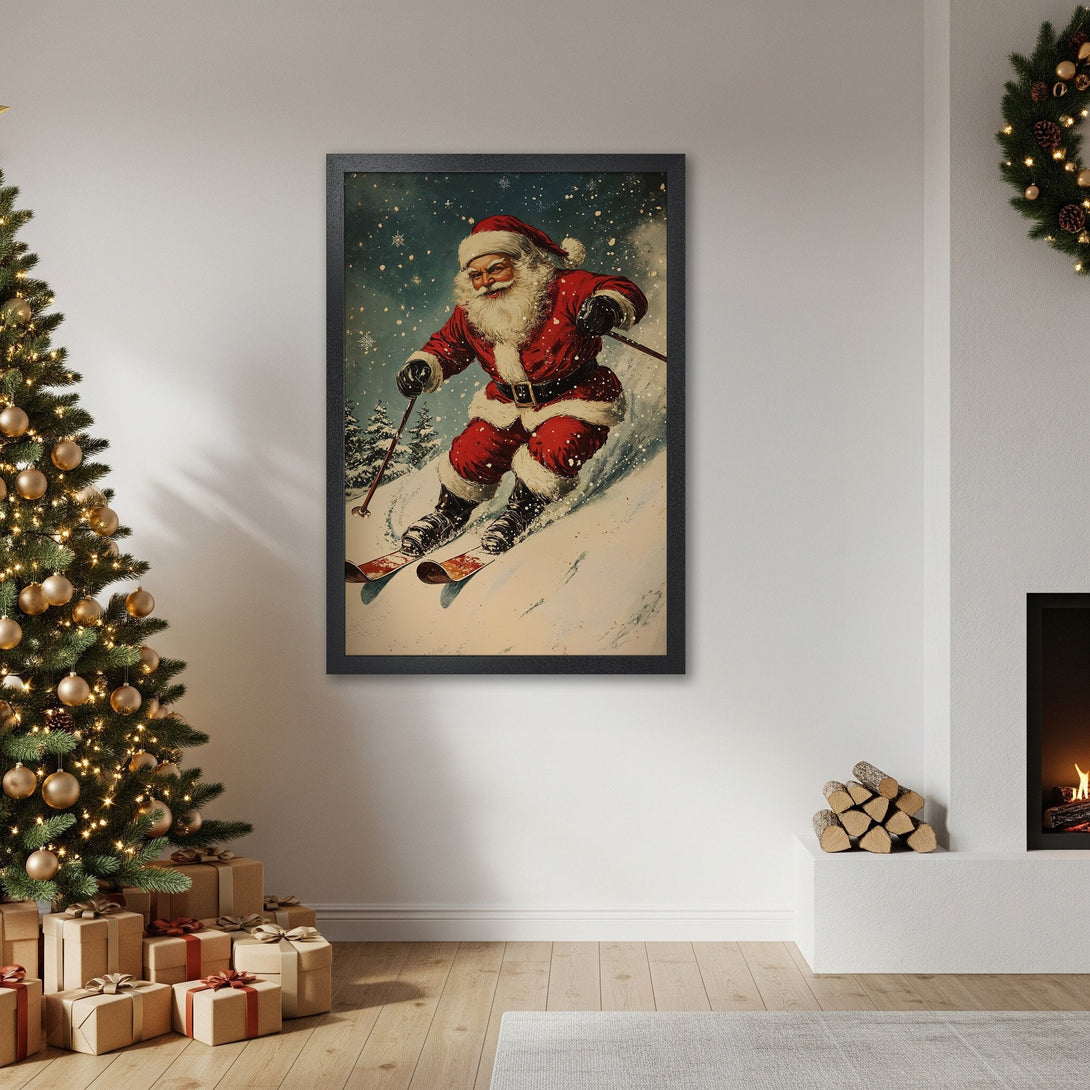 Framed Poster featuring Santa skiing, vintage style with red, white, and blue color palette, perfect Christmas decor.
