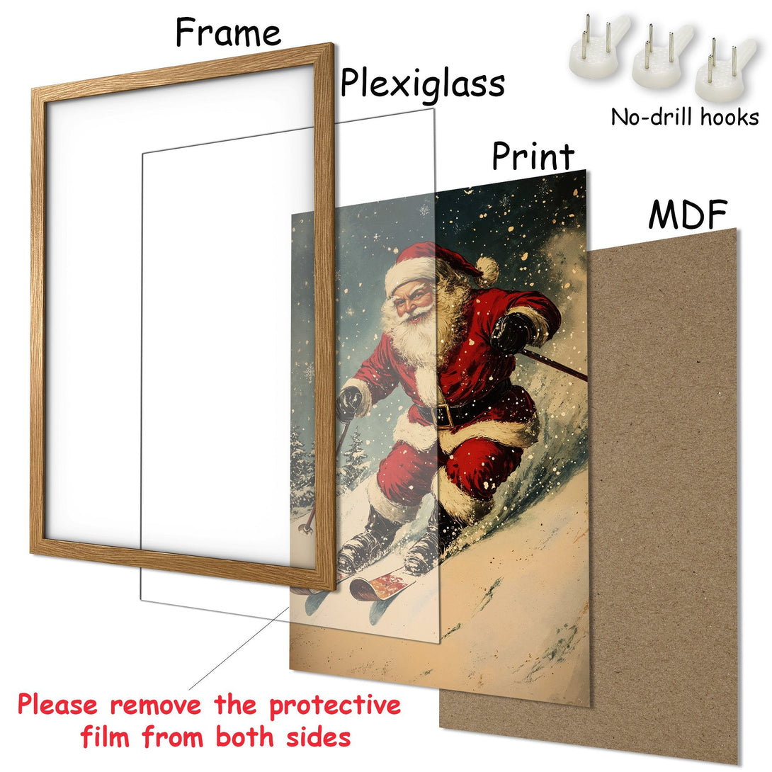 Framed Poster featuring Santa skiing in a vintage style, with a red, white, and beige color palette. Festive wall art for your home!