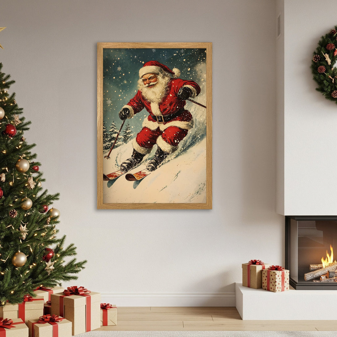 Framed Poster featuring Santa skiing, vintage style, red & white color palette, perfect Christmas decor.