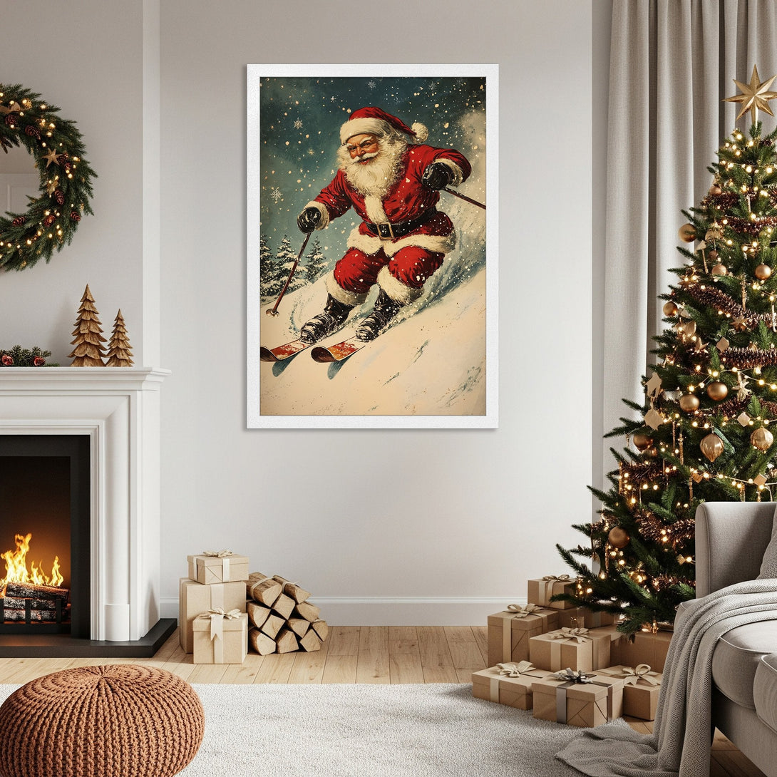 Framed Poster featuring Santa skiing, vintage style, red and blue color palette, perfect Christmas decor.