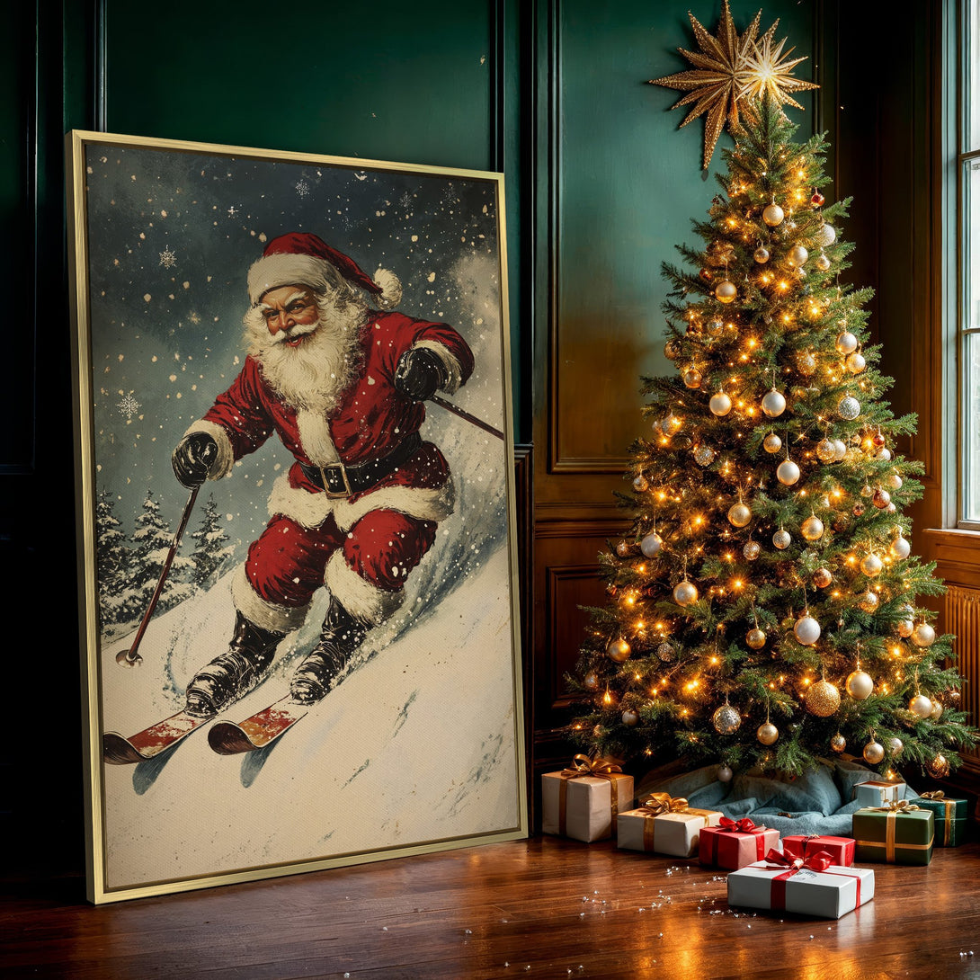 Canvas Print: Vintage Santa skiing down a snowy slope. Festive red, white, and blue color palette. Perfect Christmas wall art!