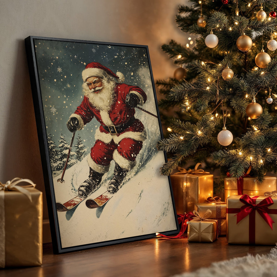 Framed Wall Art: Vintage Santa skiing print in red and blue, perfect for Christmas decor. Festive art with a cozy, warm color palette.