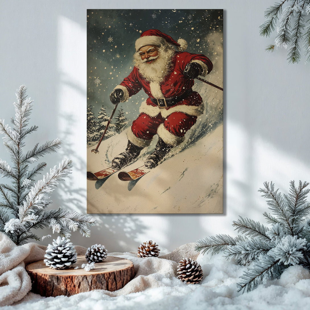 Framed Wall Art: Vintage Santa Claus skiing canvas print in a cozy Christmas interior. Red, green, and gold color palette. Perfect holiday decor!