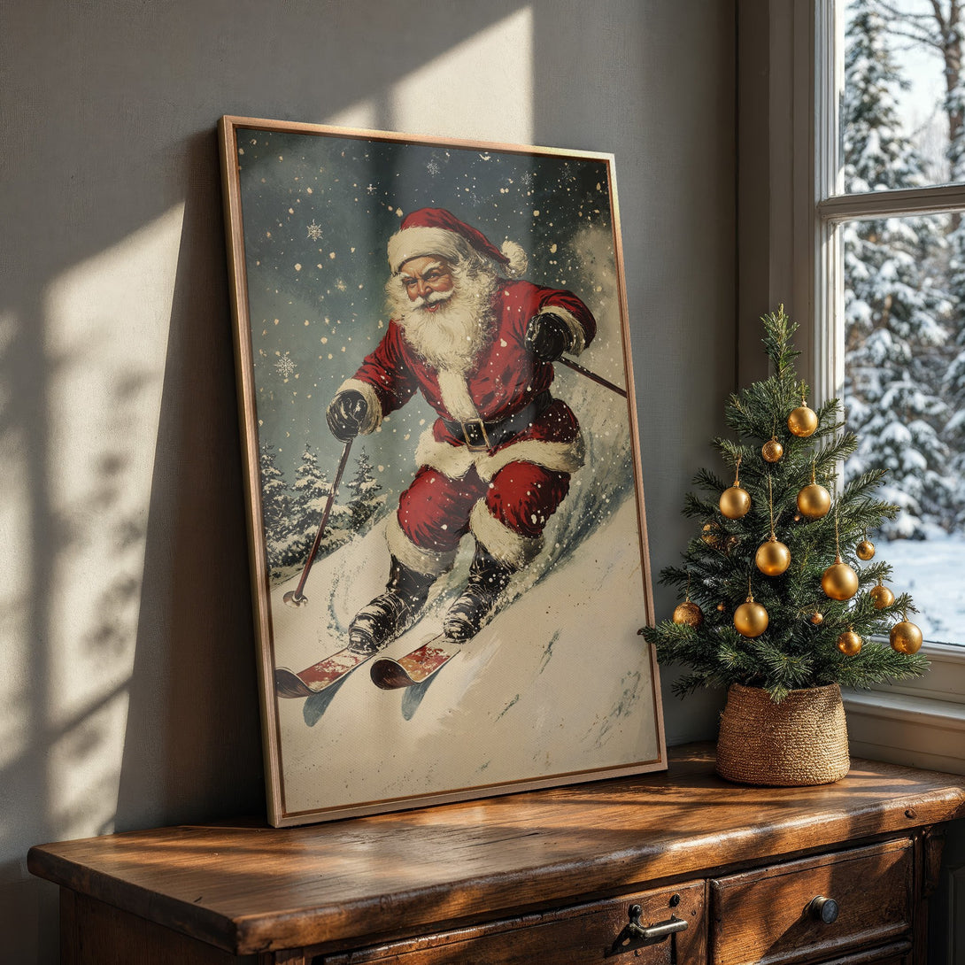 Framed Wall Art: Vintage Santa skiing down a snowy mountain. Festive red and white color palette, perfect for Christmas decor. Add holiday cheer to your home!