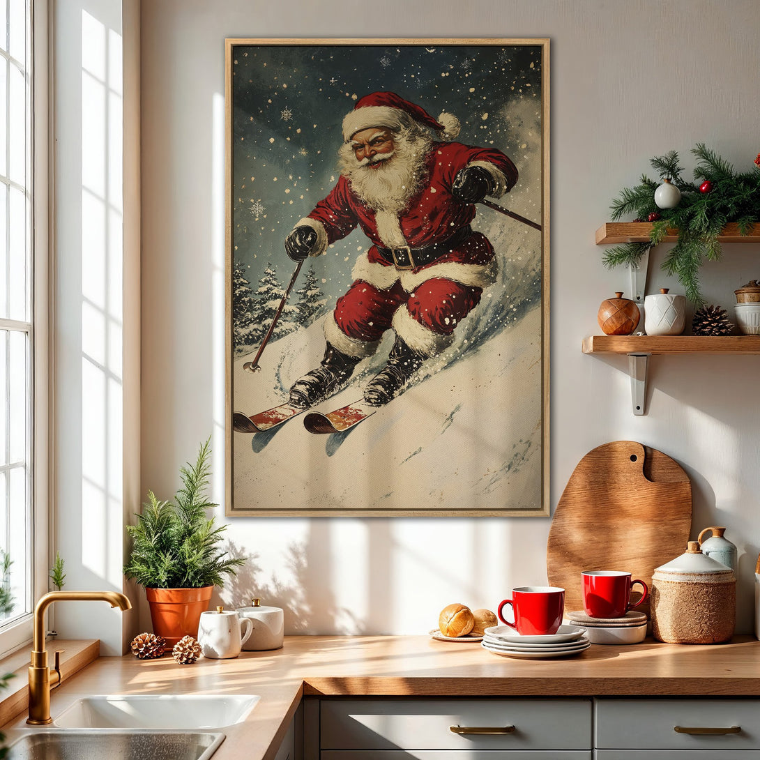 Framed Wall Art: Vintage Santa skiing down a snowy slope. Festive red & white color palette, perfect for Christmas decor. Add holiday cheer to your home!