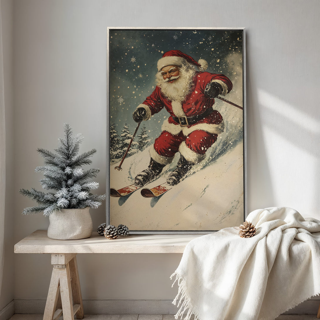 Framed Wall Art featuring Santa skiing down a snowy slope. Vintage style with a red, white, and blue color palette. Perfect Christmas decor!