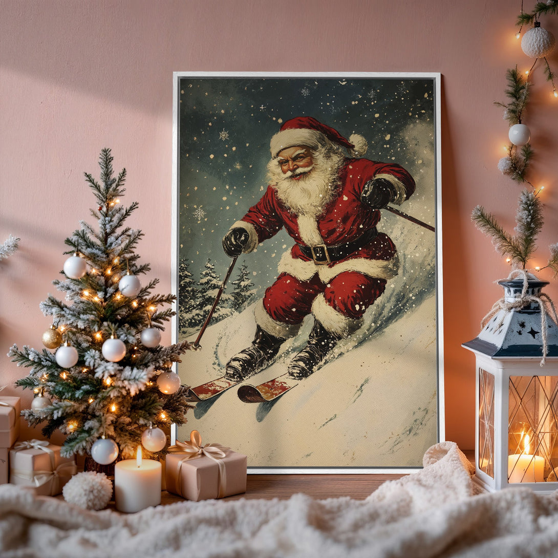 Framed Wall Art: Vintage Santa skiing down a snowy slope. Festive red & white palette, perfect for Christmas decor. Add holiday cheer with this canvas print!