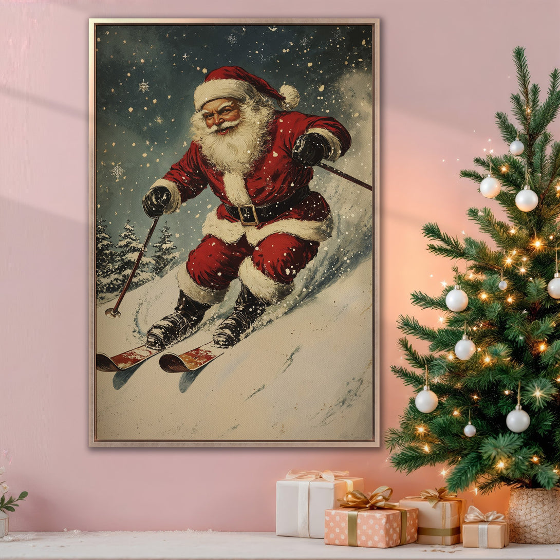 Framed Wall Art: Vintage Santa skiing in a snowy scene. Festive red and blue color palette. Perfect Christmas decor for your home!