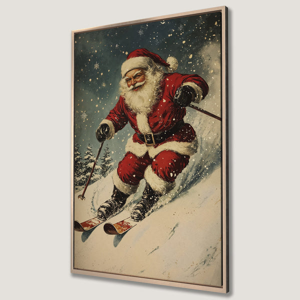 Framed Wall Art: Vintage-style Santa skiing down a snowy slope. Festive red and white color palette against a teal backdrop. Perfect holiday decor!