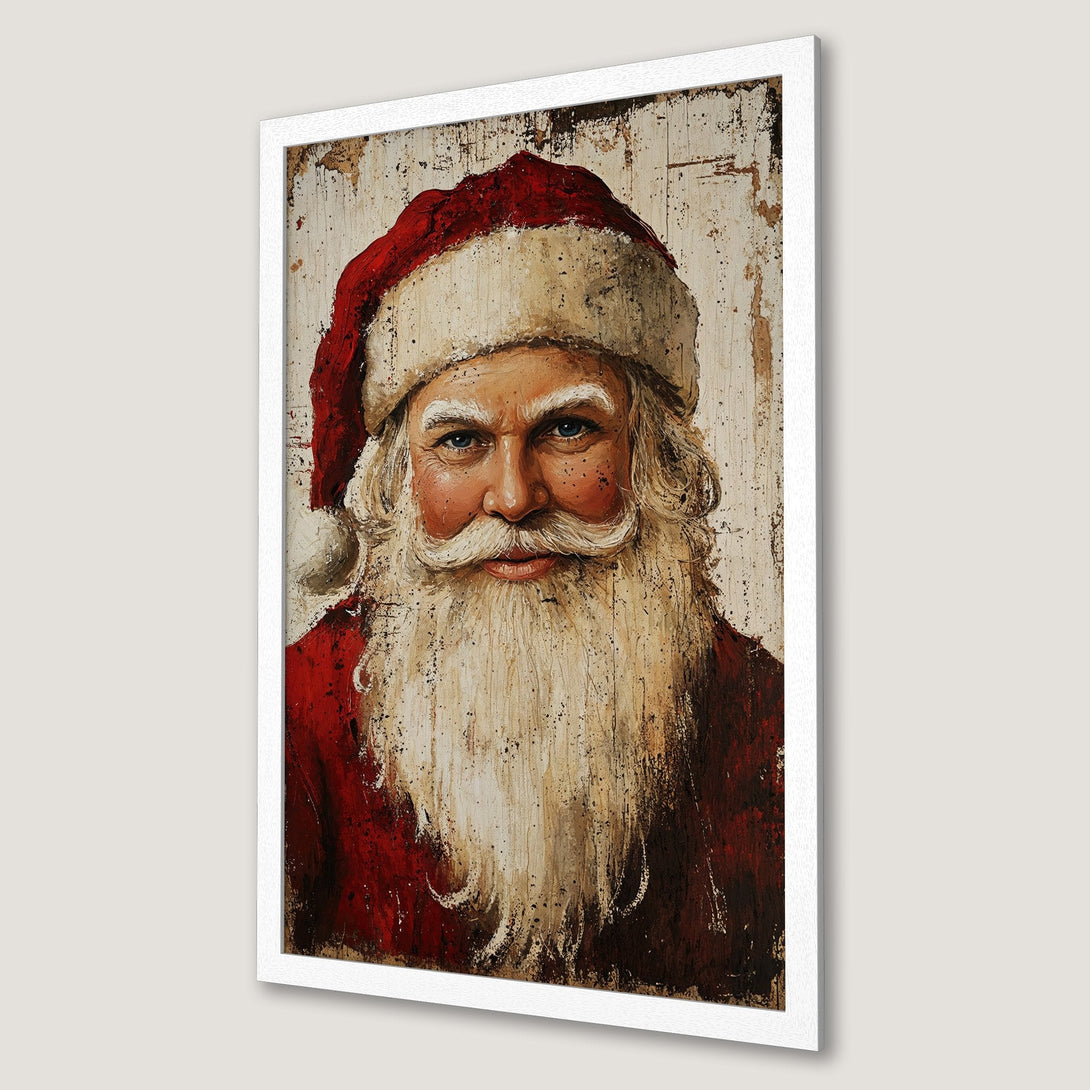 Framed Poster of Santa Claus portrait in a vintage style with a red, white, and brown color palette. Perfect Christmas decor!