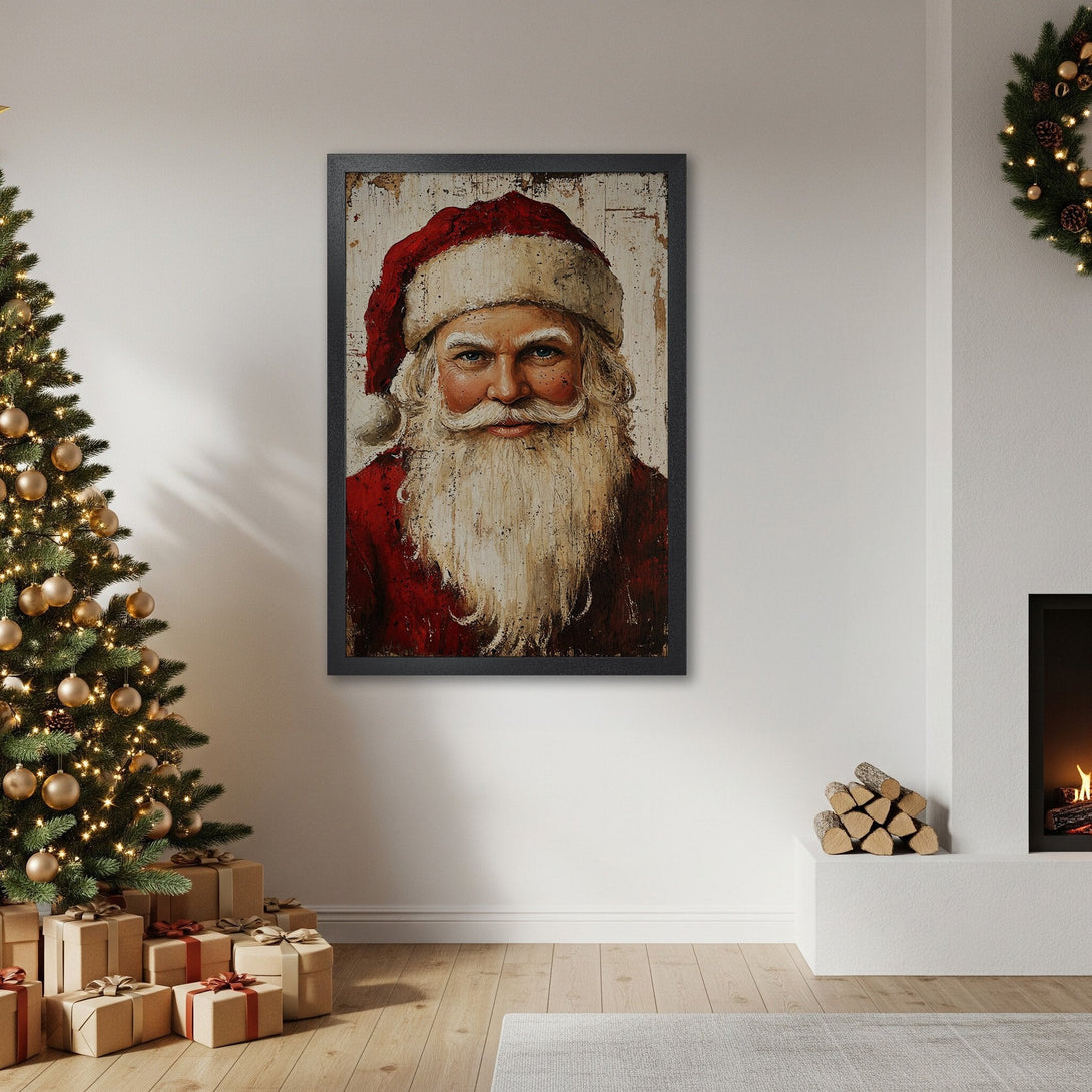 Framed Poster featuring Santa Claus portrait in a rustic style, with a red, white, and brown color palette, perfect for Christmas decor.