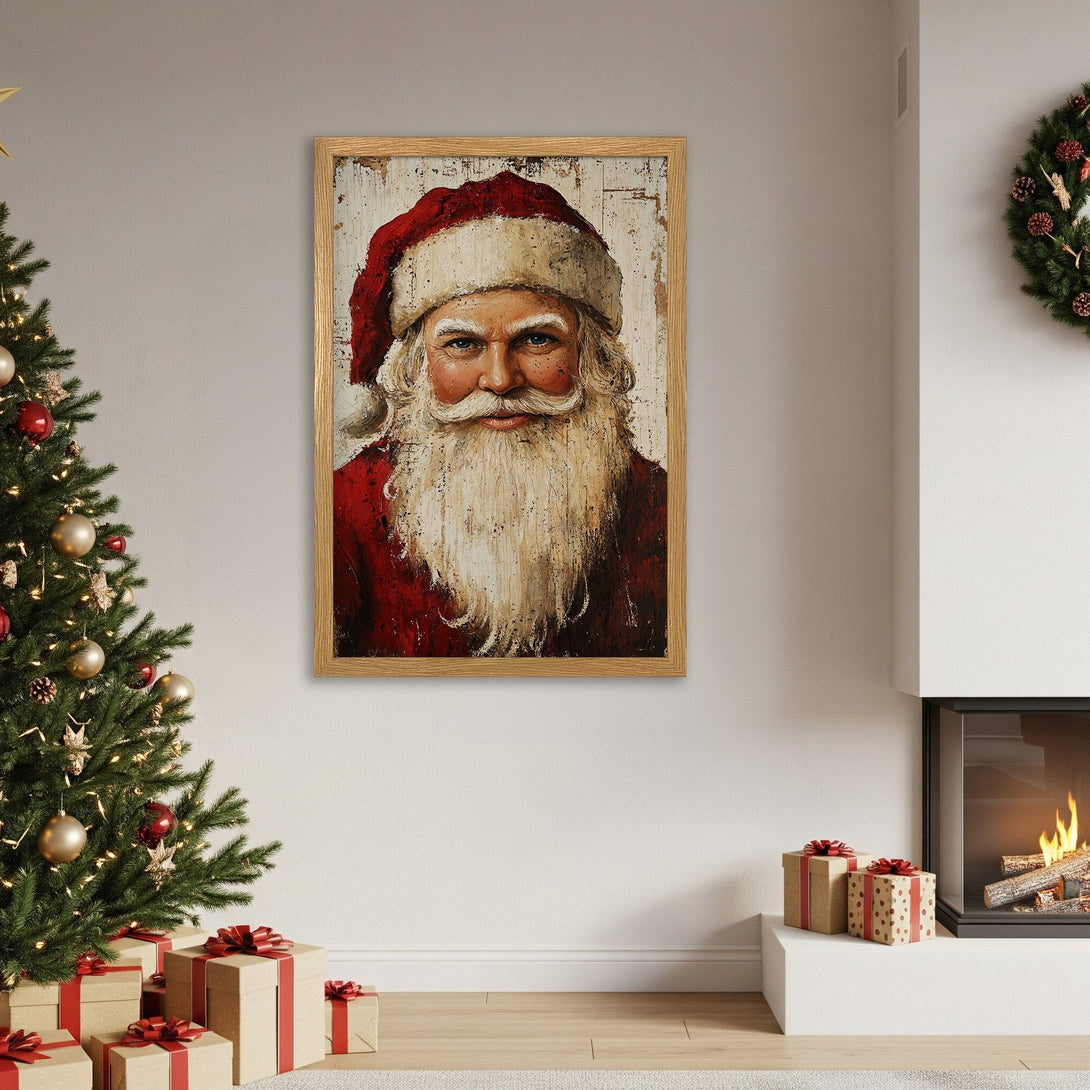Framed Poster featuring Santa Claus portrait in a vintage style with red and white color palette, perfect for Christmas decor.