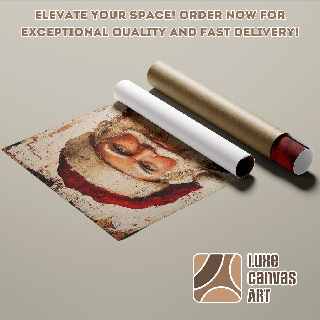 Santa Claus Poster Roll, rustic art style with warm red, brown, and beige color palette. Elevate your space with Luxe Canvas Art!