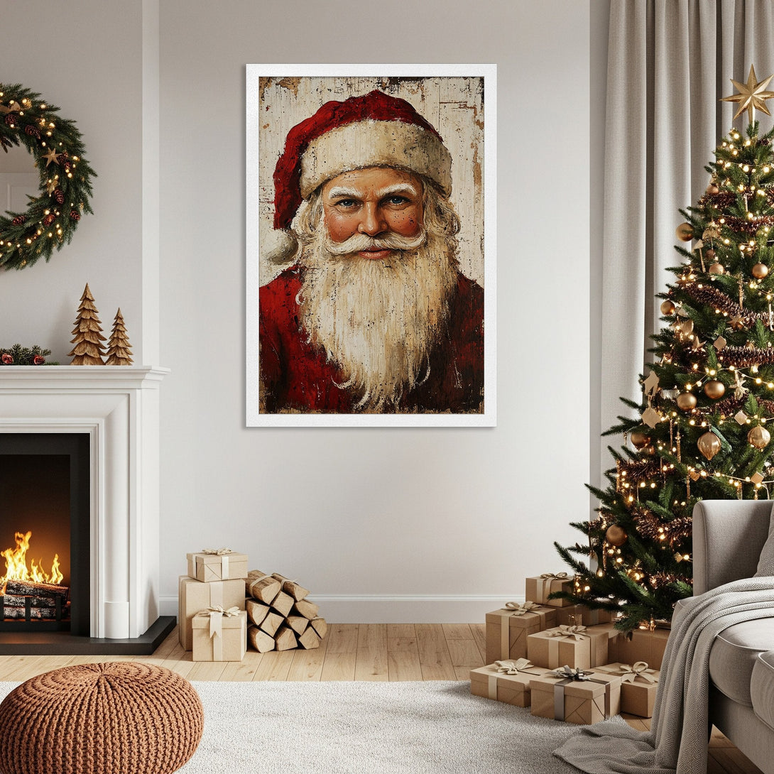 Framed Poster of Santa Claus, vintage style, red and white palette, perfect for Christmas decor.