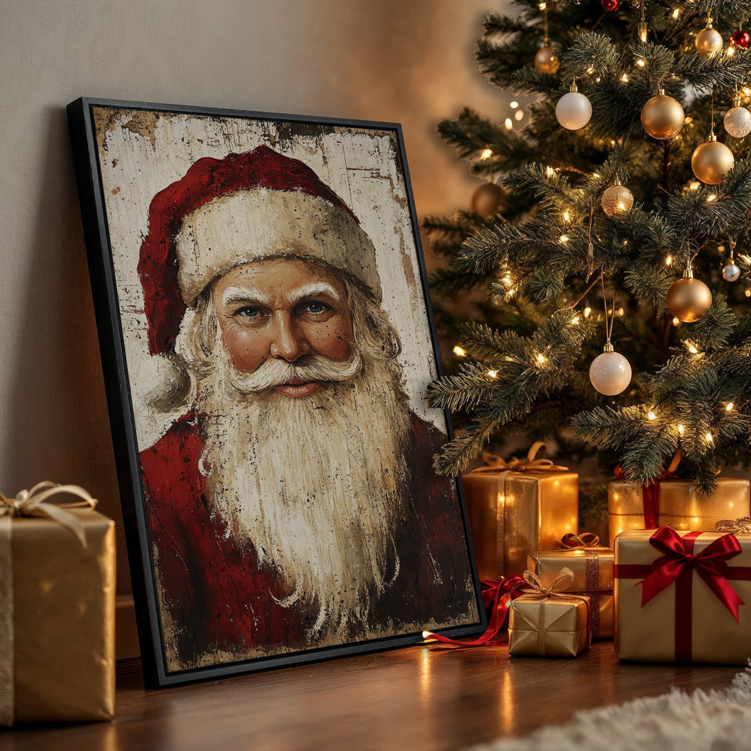 Framed Wall Art: Rustic Santa Claus portrait in red, white, and gold. Festive Christmas decor with warm, inviting color palette. Perfect holiday gift!