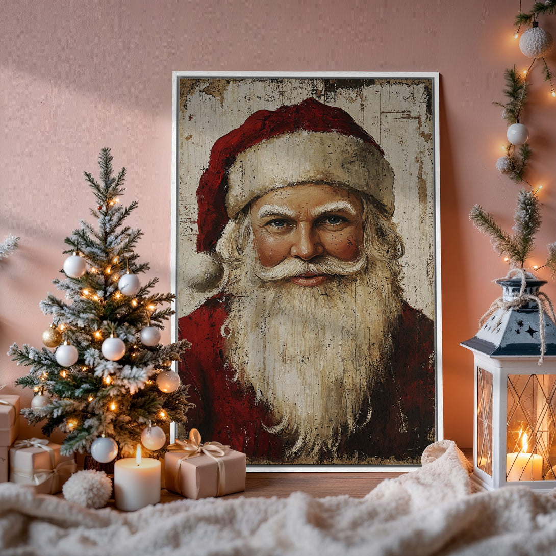 Framed Wall Art: Vintage Santa portrait in warm red & cream tones. Rustic style Canvas Print adds holiday charm to any space. Shop now!