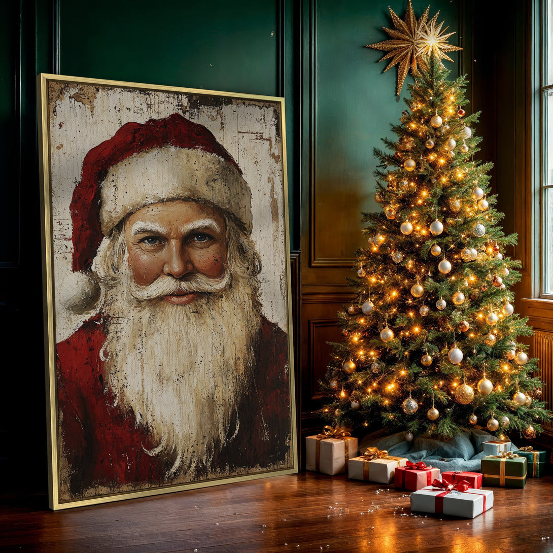 Canvas Print of Santa Claus portrait in rustic style, featuring red, white, and brown tones, perfect for Christmas decor.