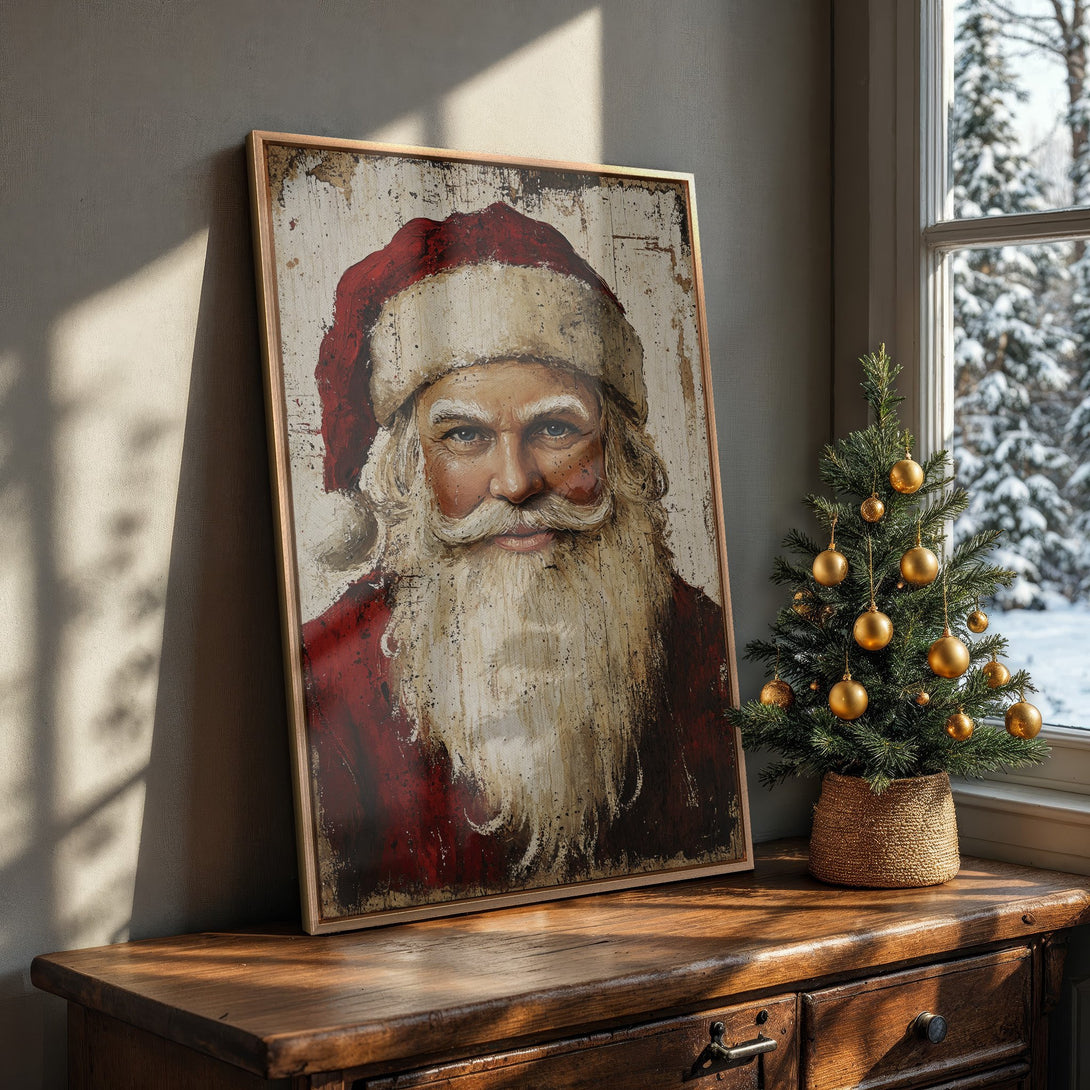 Framed Wall Art featuring Santa Claus portrait in rustic style, red and cream color palette, perfect for Christmas decor.