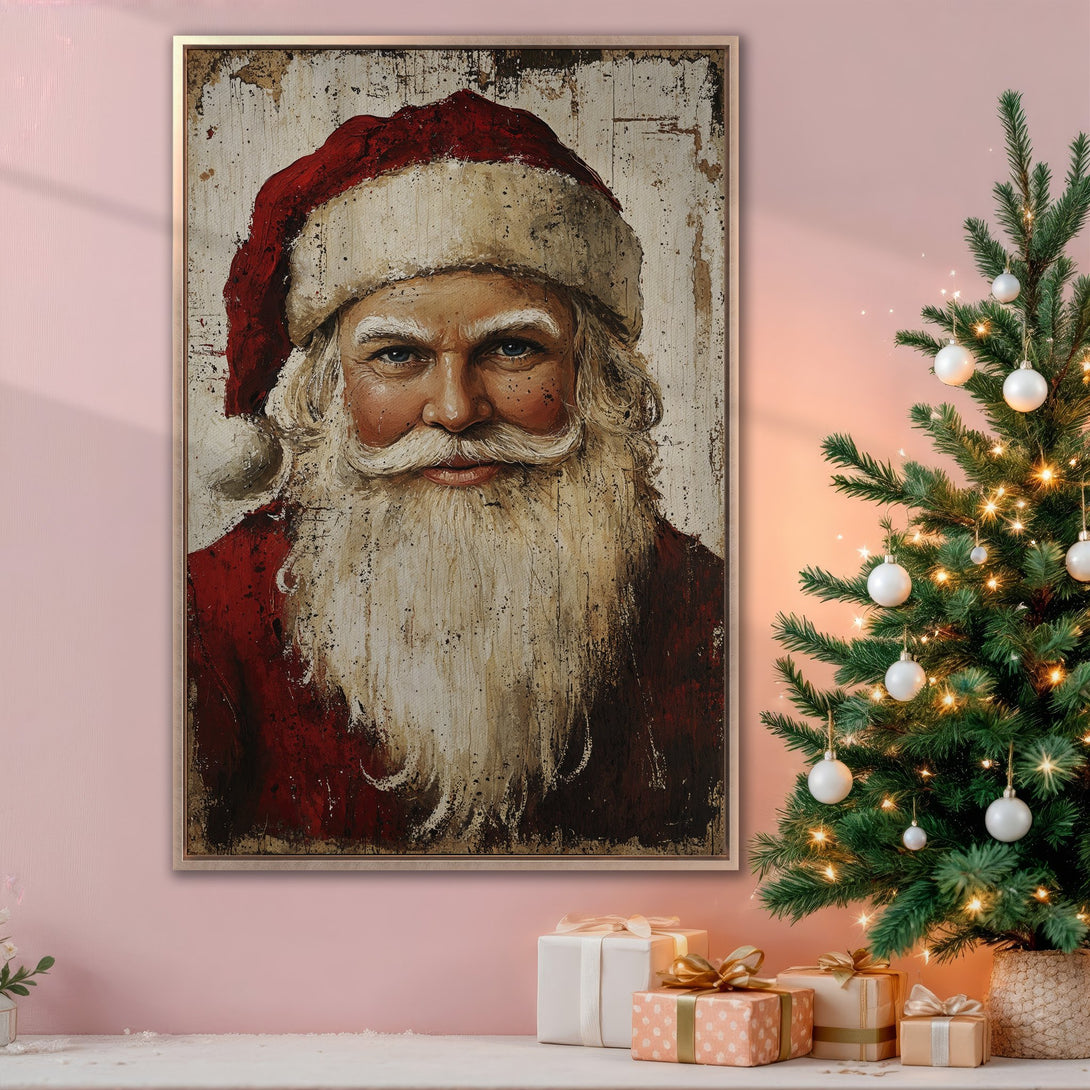 Framed Wall Art: Vintage Santa Claus portrait in red and cream tones. Festive Christmas decor with a rustic, textured style. Perfect holiday gift!