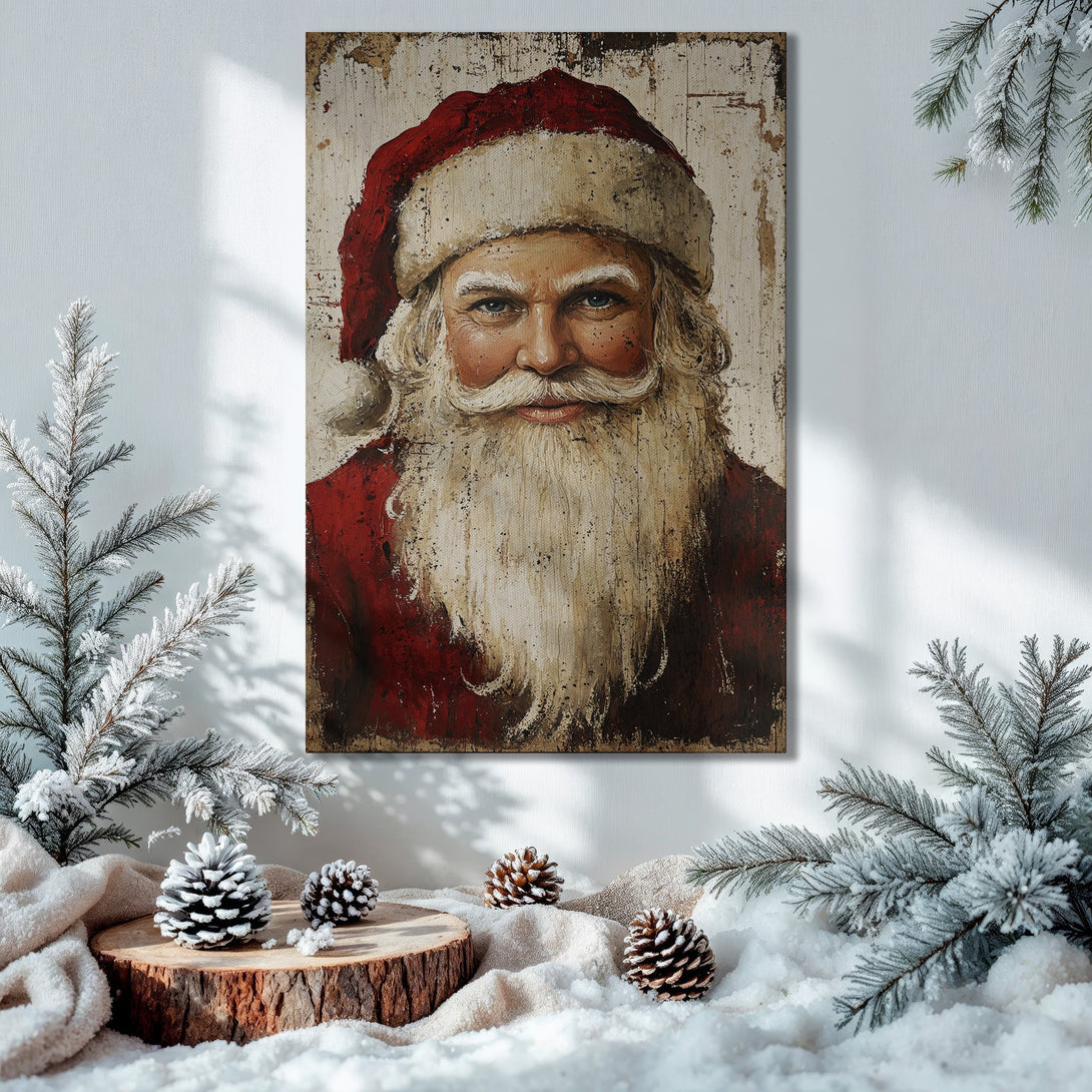 Framed Wall Art: Vintage Santa Claus portrait in a festive Christmas interior. Warm red, gold, and green color palette. Perfect holiday decor!