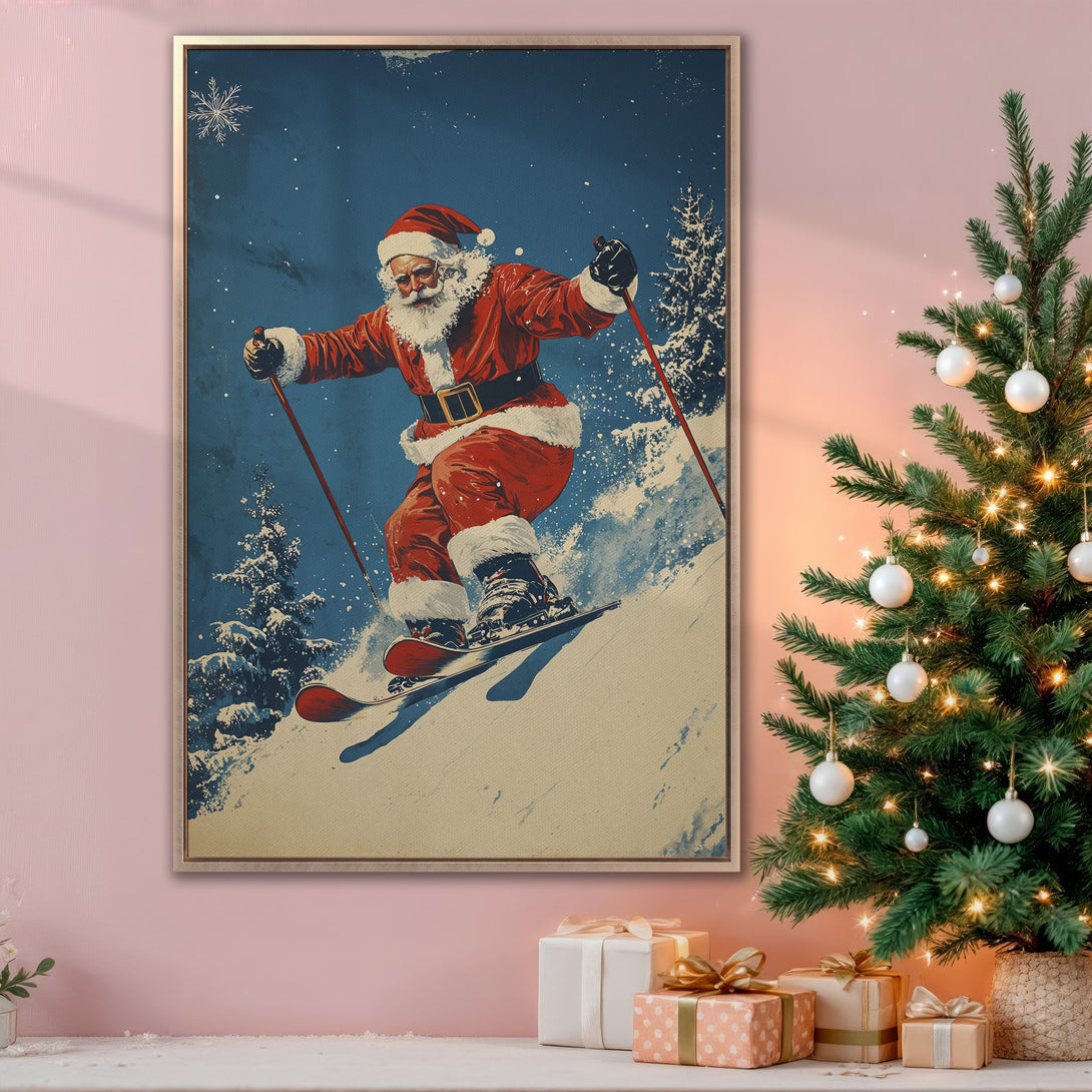 Framed Wall Art: Santa skiing in vintage style. Festive red, blue, and white color palette. Perfect Christmas decor for a cozy home.