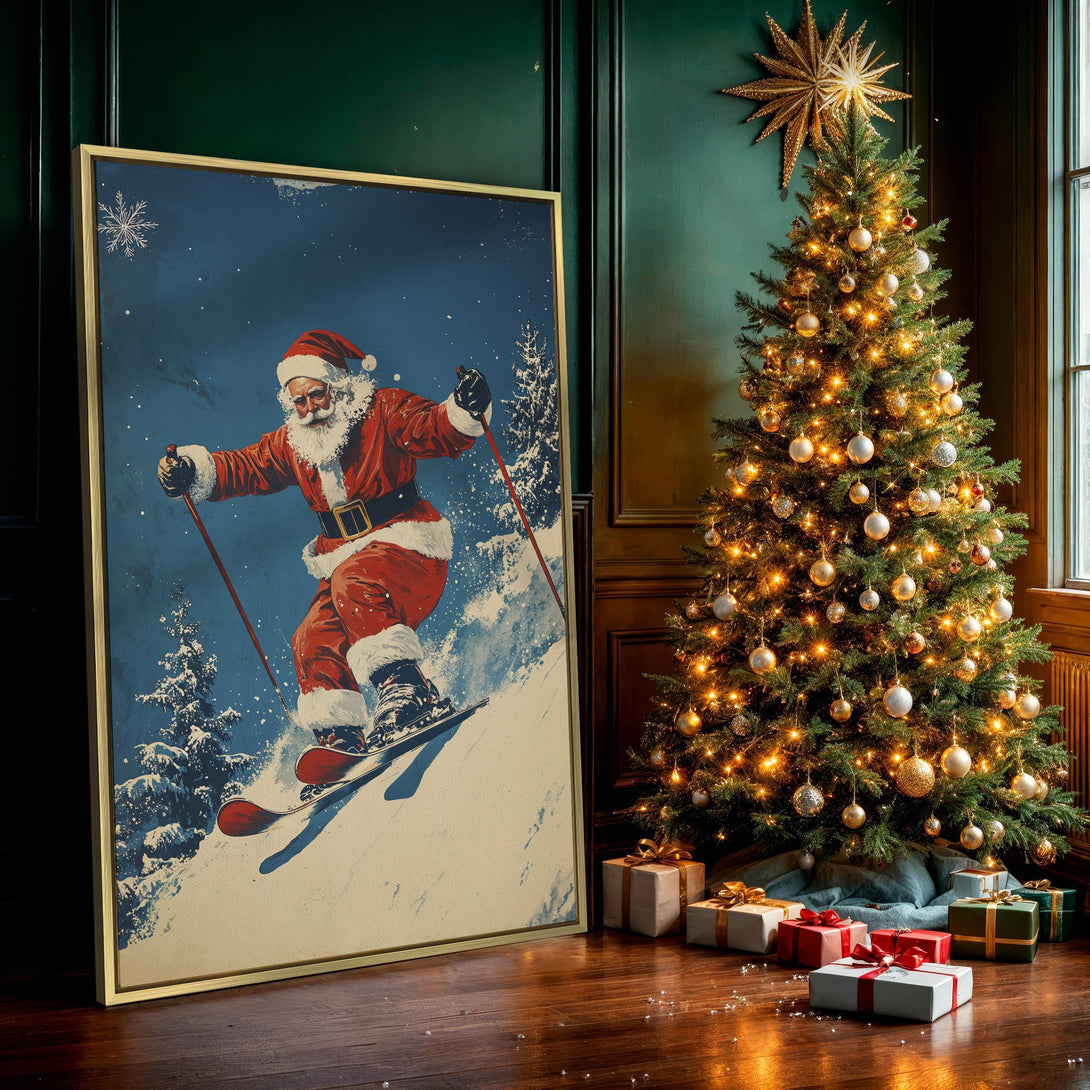 Canvas Print featuring Santa skiing, vintage style, with a blue and red color palette, perfect for holiday decor.