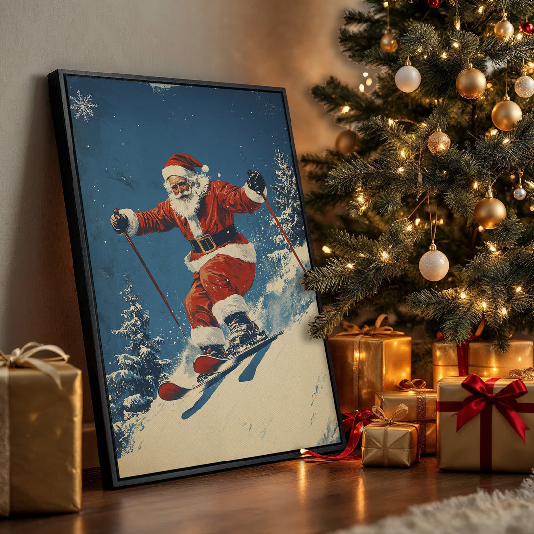 Framed Wall Art of Santa skiing, vintage style, with a blue, red, and white color palette. Perfect Christmas decor!
