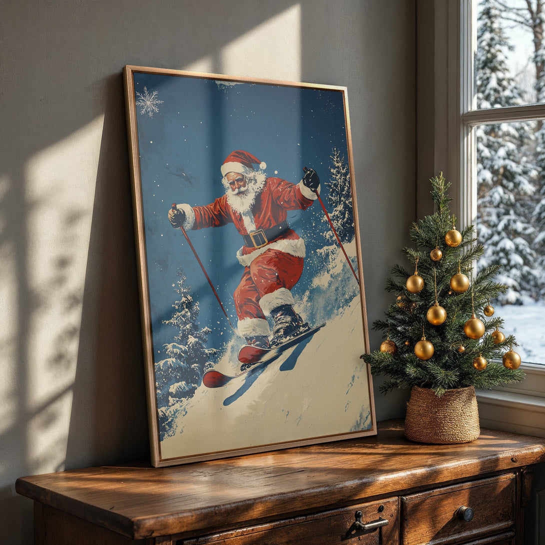 Framed Wall Art featuring Santa skiing, vintage style, red and blue color palette, perfect for Christmas decor.