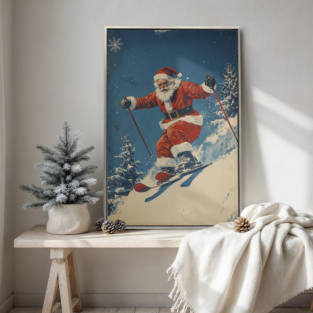 Framed Wall Art: Vintage-style Santa skiing down a snowy mountain. Festive red, blue, and white color palette. Perfect Christmas wall decor.