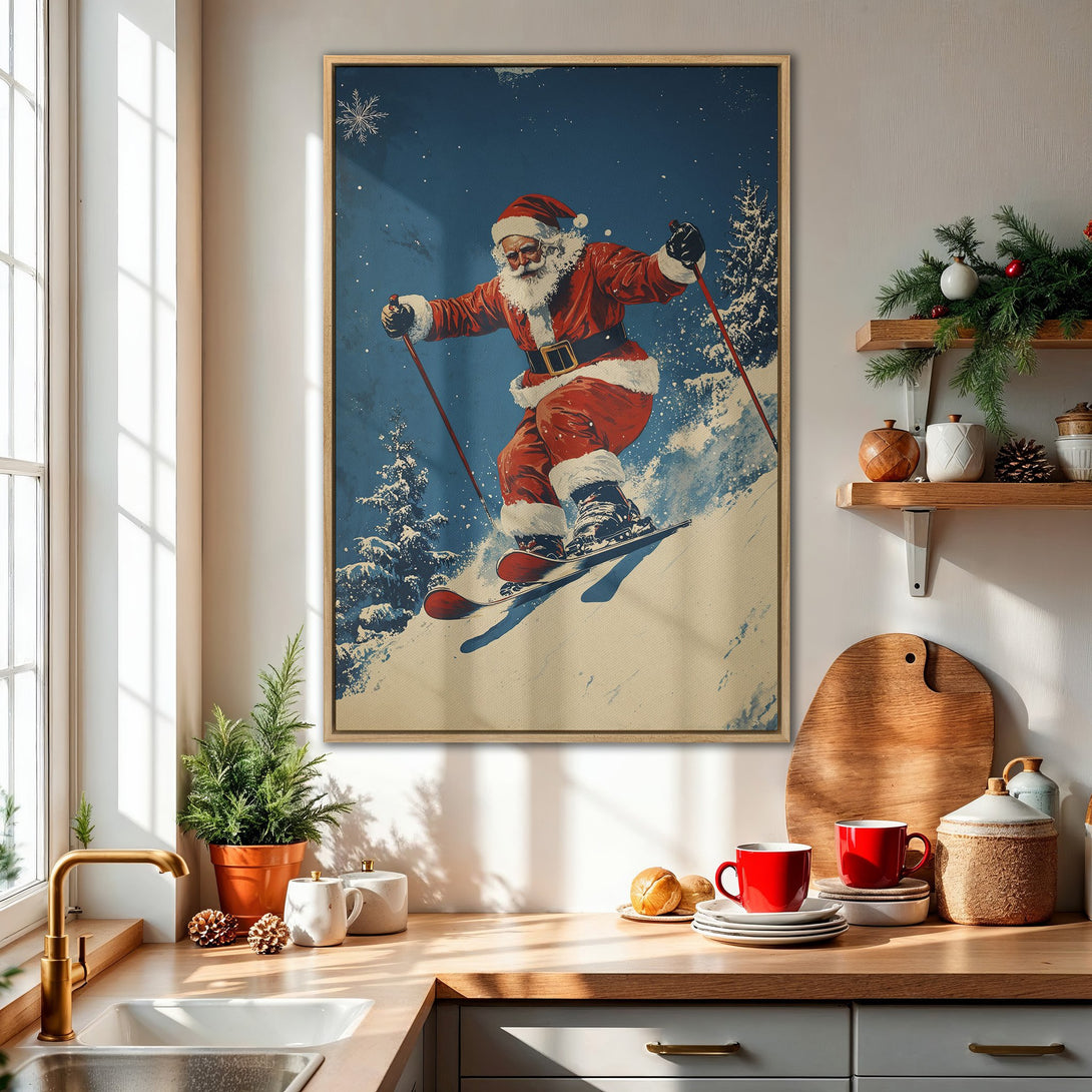 Framed Wall Art: Vintage-style Santa skiing on a blue snowy background. Festive red, white, and blue color palette. Perfect Christmas decor.