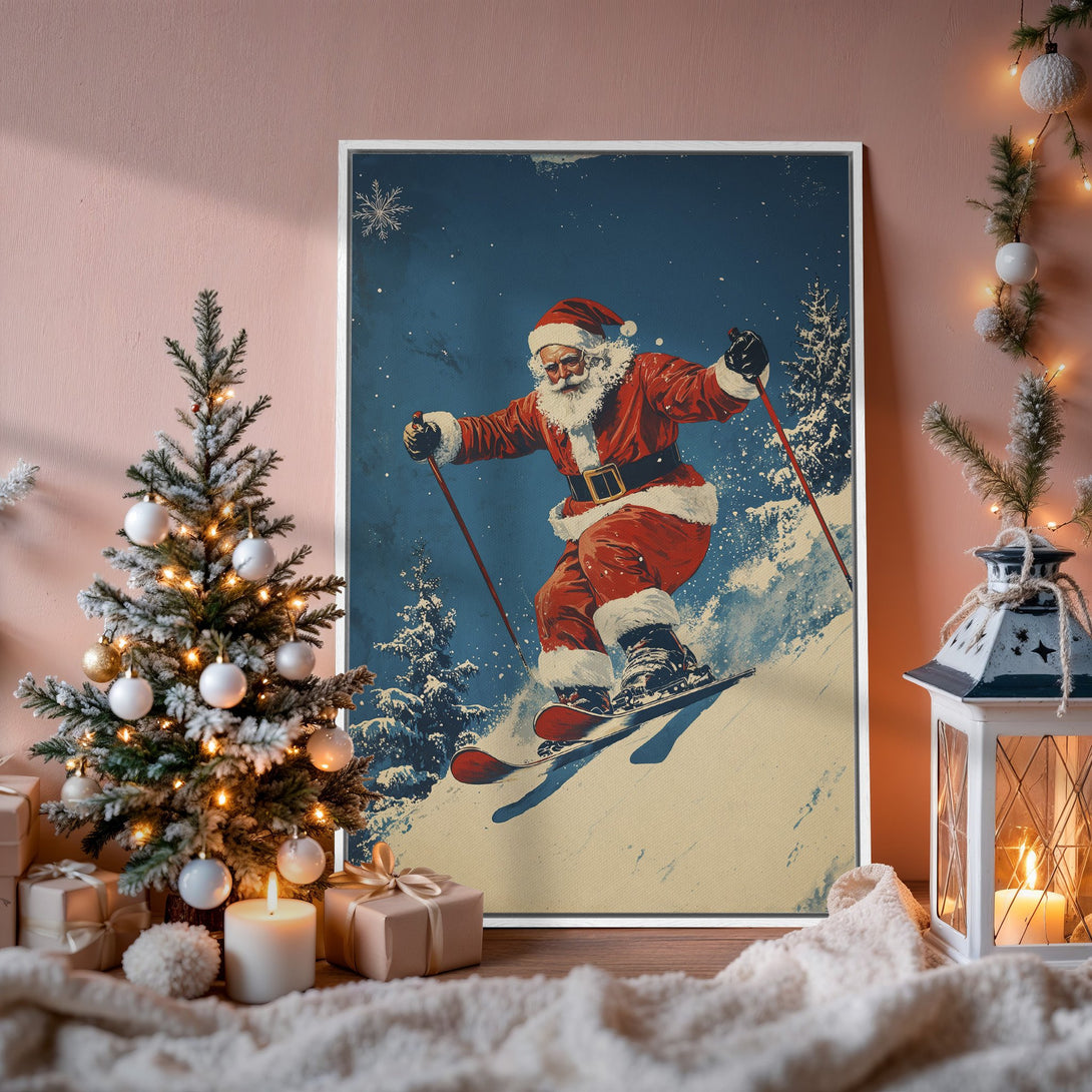 Framed Wall Art: Vintage Santa skiing down a snowy slope. Festive artwork with a blue, red, and cream color palette. Perfect Christmas decor for your home.