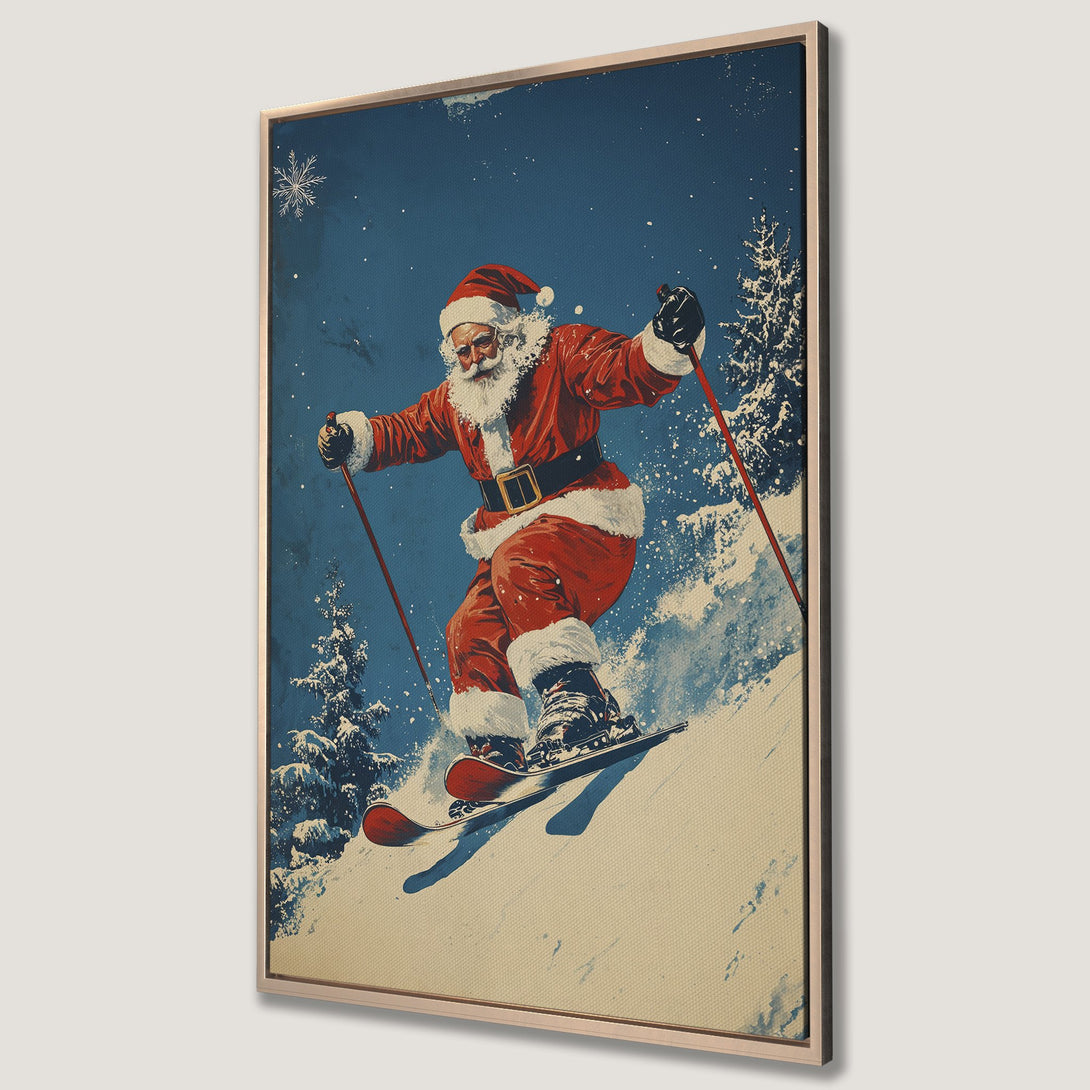 Framed Wall Art featuring Santa skiing in a vintage style, with a red, blue, and cream color palette. Perfect Christmas decor for your home!