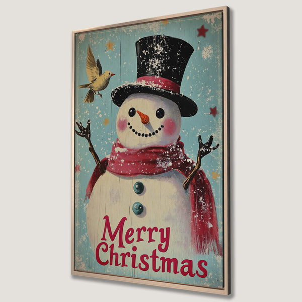 Framed Wall Art featuring a vintage-style snowman with a top hat and red scarf. Festive Christmas decor with a blue and red color palette.