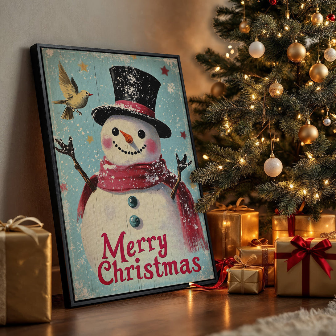 Framed Wall Art: Festive snowman print with a vintage style, featuring a red and blue color palette. Perfect Christmas decor!