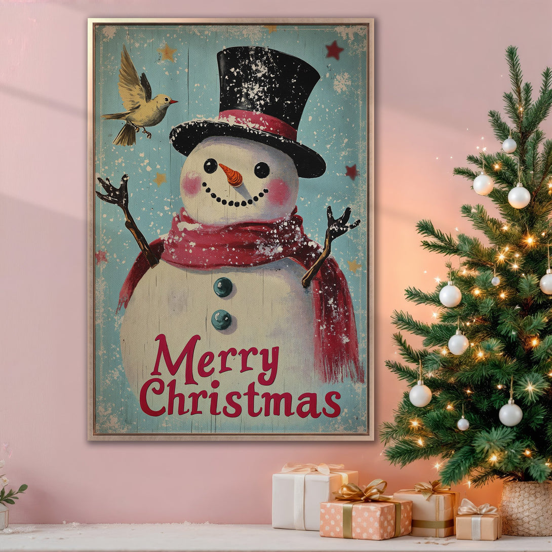 Framed Wall Art: Vintage Christmas snowman print with a retro style, featuring a blue, red, and white color palette. Perfect holiday decor for your home.
