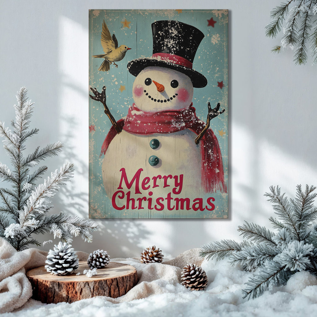 Framed Wall Art: Festive snowman Canvas Print with vintage style. Features a blue, red, and white color palette, perfect for Christmas decor.