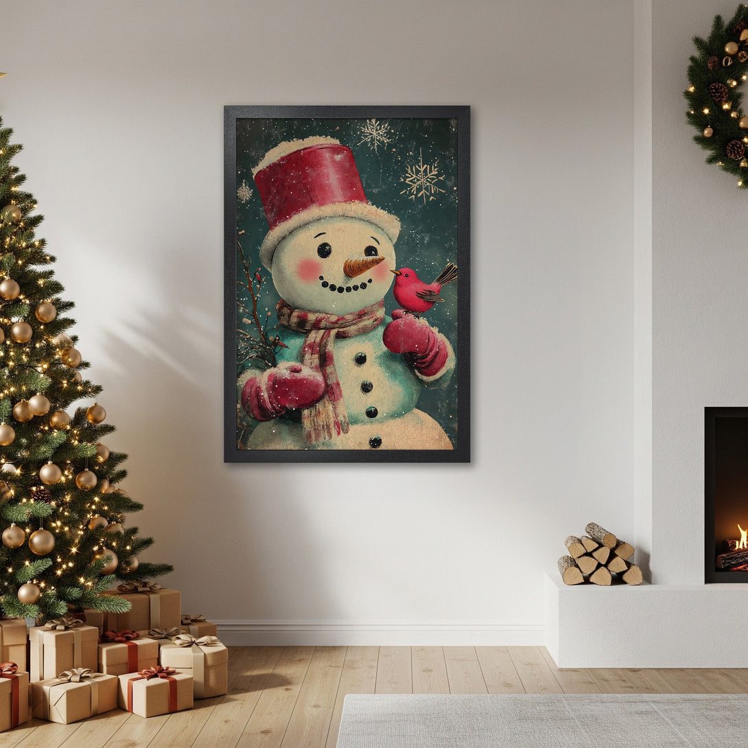 Framed Poster featuring a vintage snowman with a red bird. Rustic style, teal, red, and beige color palette. Perfect Christmas decor!
